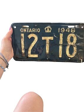 Vintage Ontario 1948 navy blue & Cream License Plate Wall Decor bar man cave